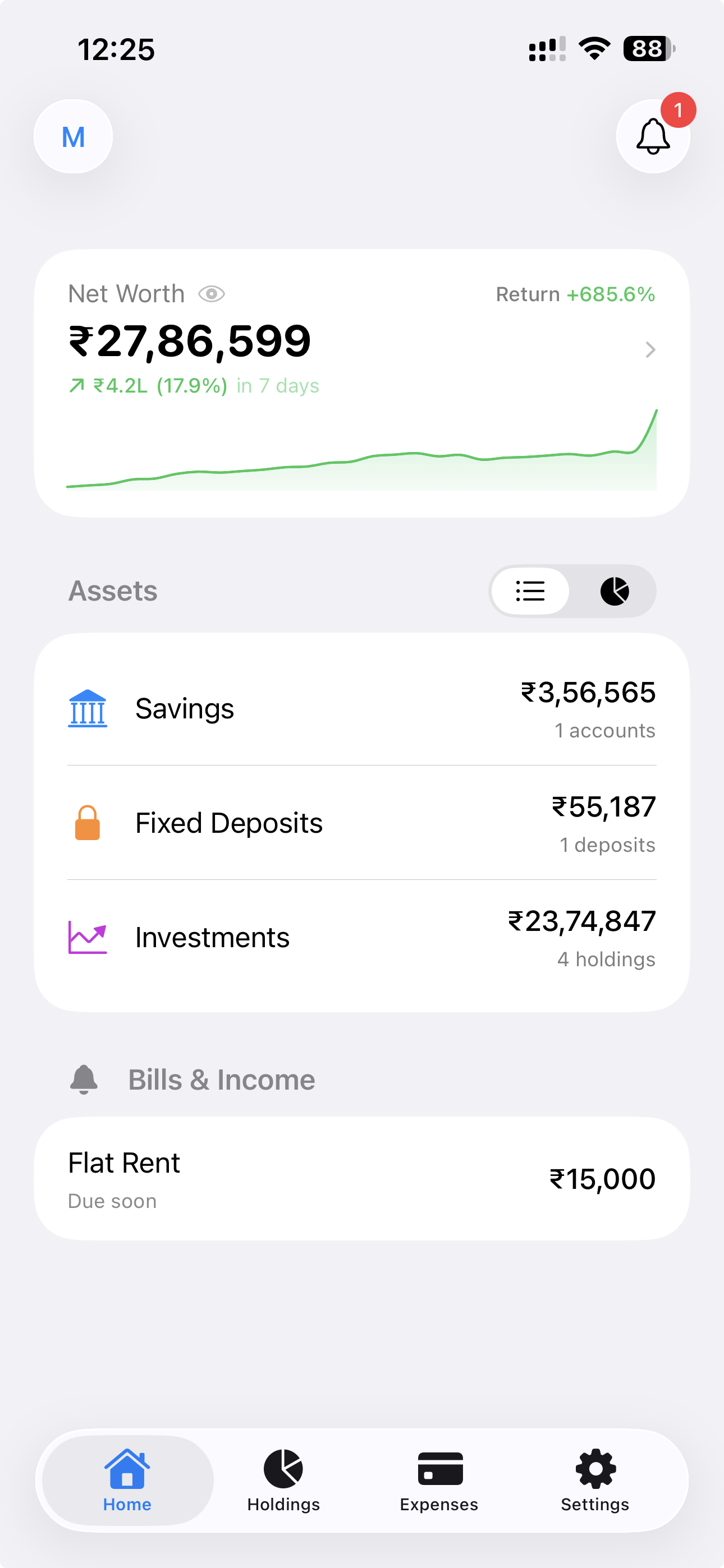 Asseto dashboard showing net worth, assets, and bills overview