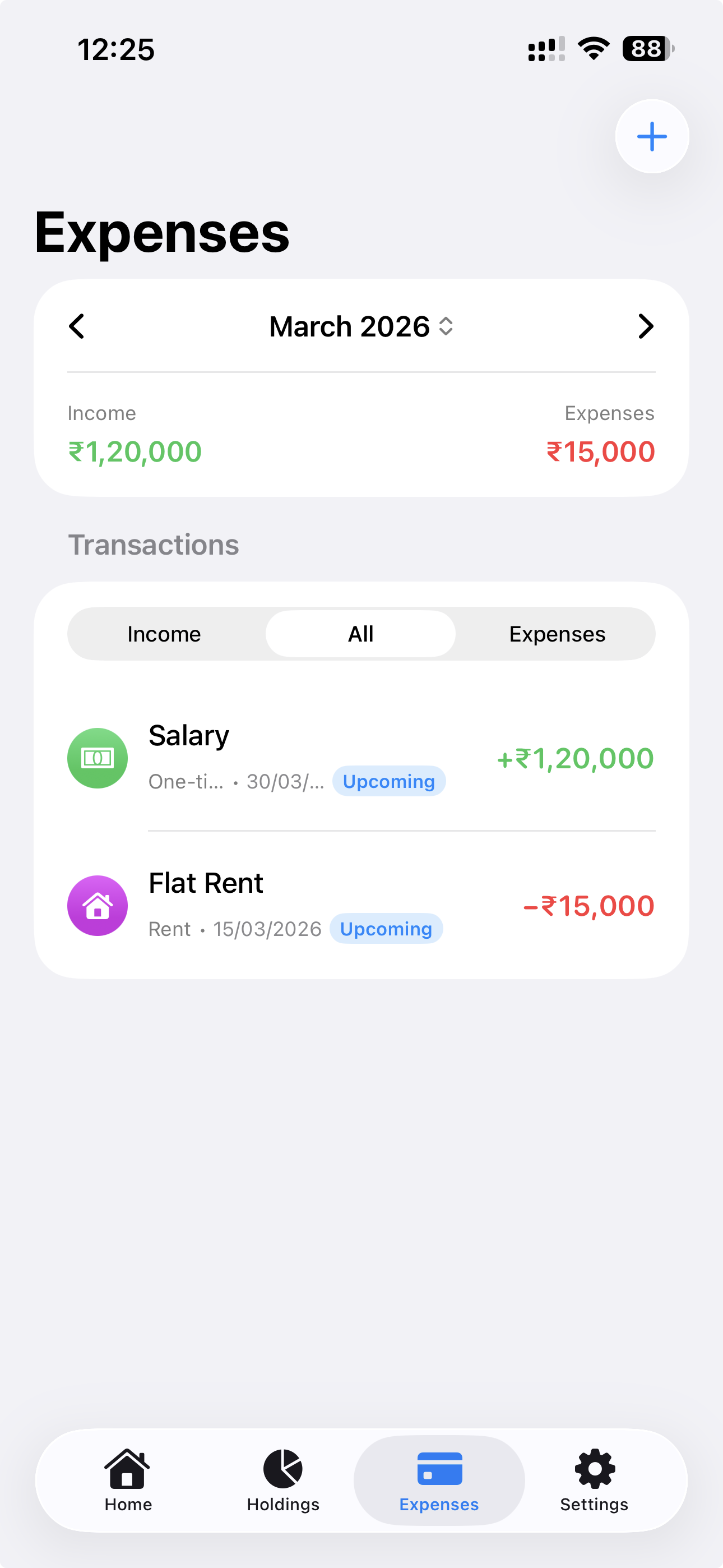 Asseto expenses screen showing income, expenses, and transactions by period