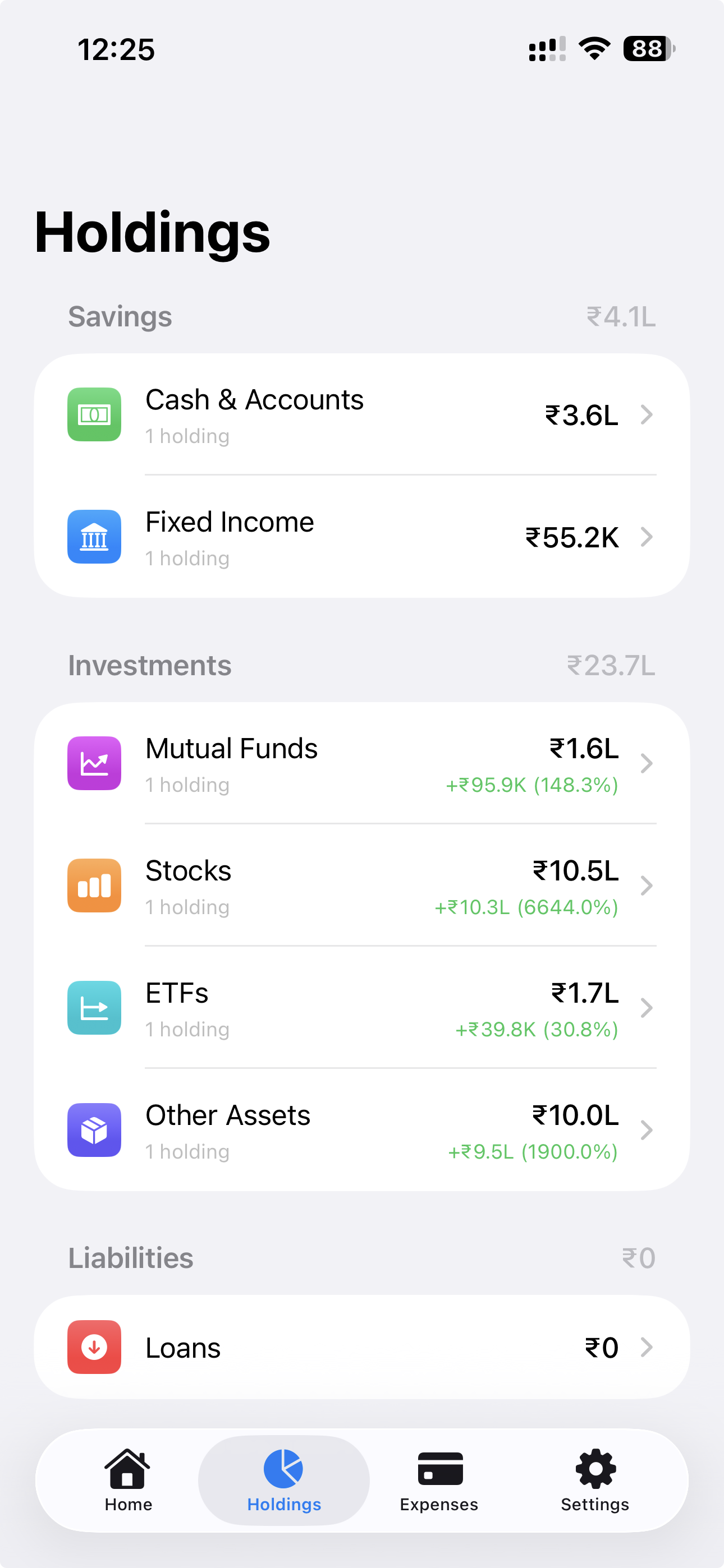 Asseto holdings screen showing savings, investments, and liabilities