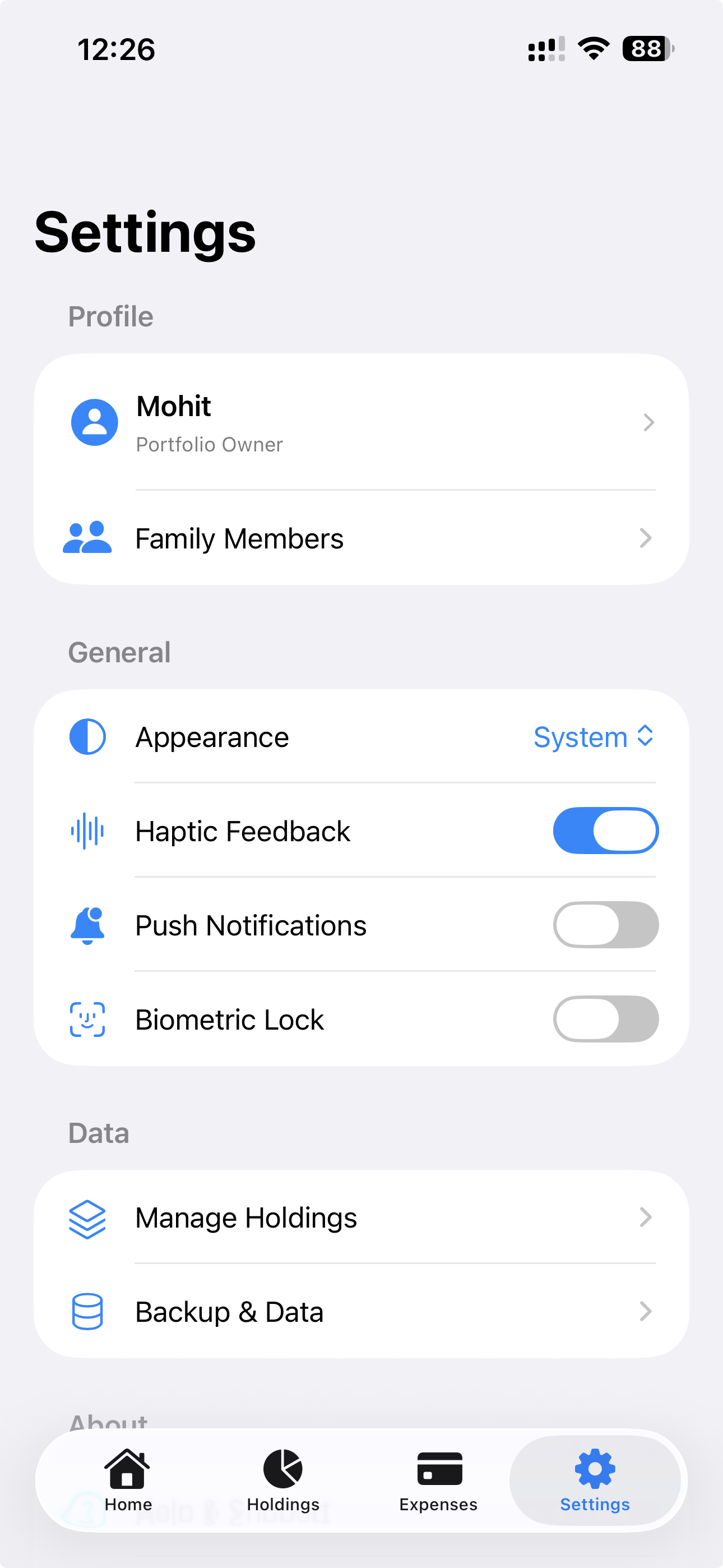 Asseto settings screen showing profile, appearance, notifications, biometric lock, and backup controls